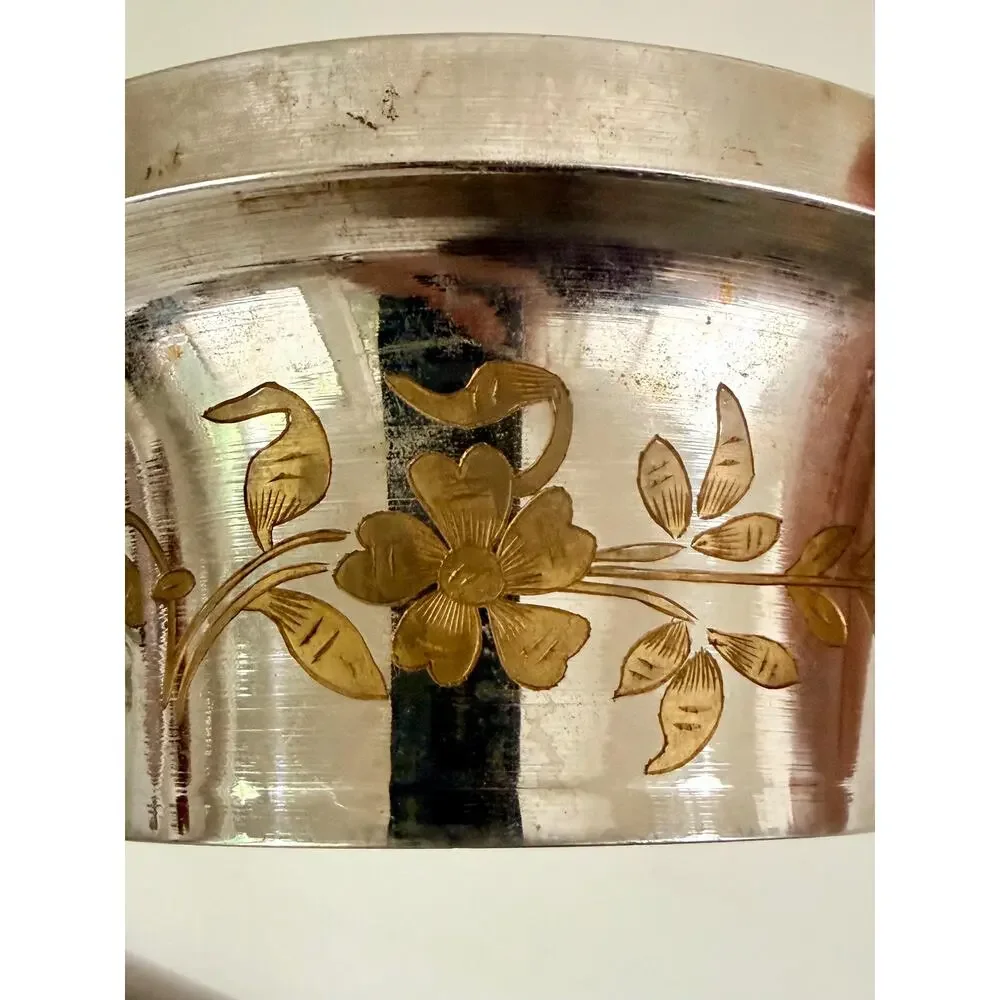 Vintage Etched Brass Inlay Wine Coaster Floral Hollywood Regency Catchall